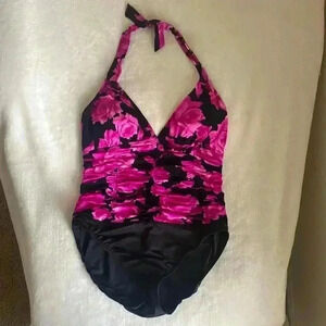 NEW MagicSuit One Piece Black & Pink Floral Rose Swimsuit Size 12 Style 88777